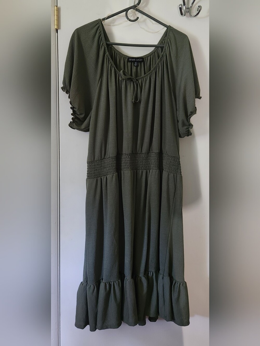 Inner Circle Olive Green Smocked Midi Dress with Tie Neck 3X